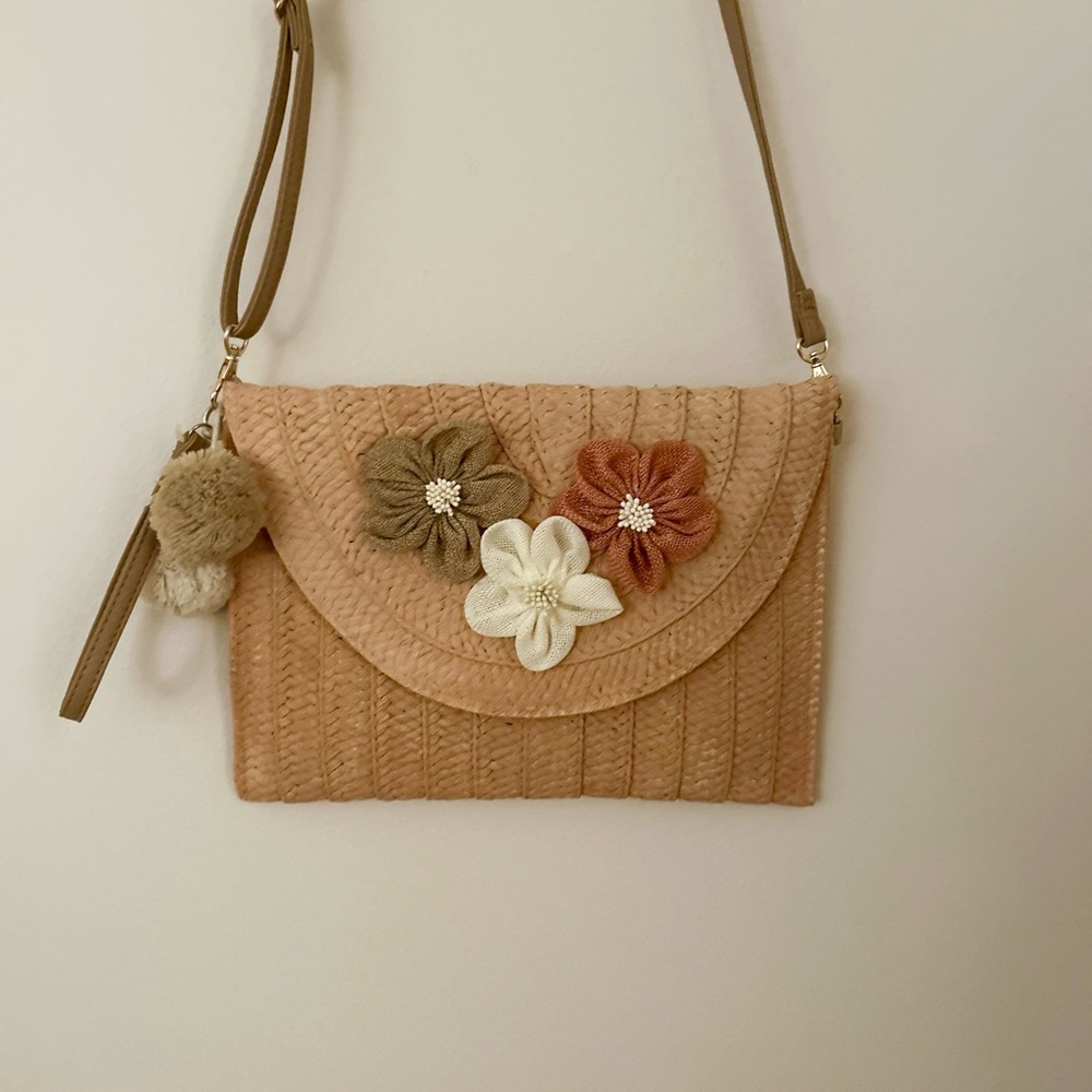 Floral Embellished Pink & Tan Crossbody Bag
